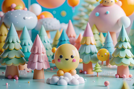 Cute cartoon character in whimsical forest scene with colorful cloudsの素材