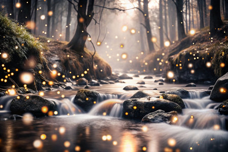 Magical forest stream, glowing lights, misty morningの素材
