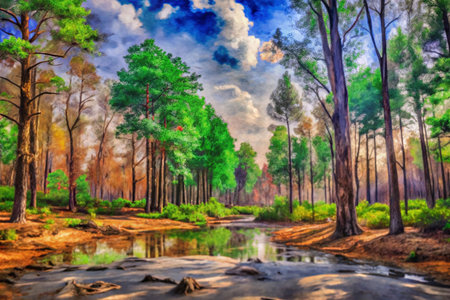 Forest stream; sunlit, colorful, landscape; colorful trees, cloudsの素材