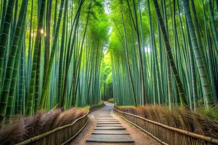 Japanese Bamboo Forest Pathway, Sunlight, Tranquil Sceneの素材