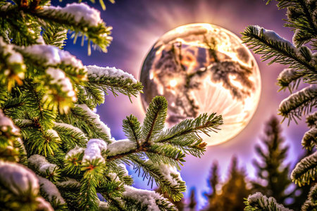 Snowy fir branches framing a large moonの素材