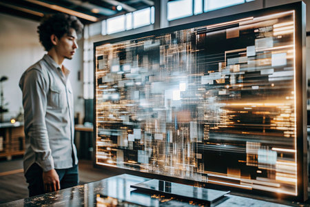 Man views futuristic tech display in modern loftの素材