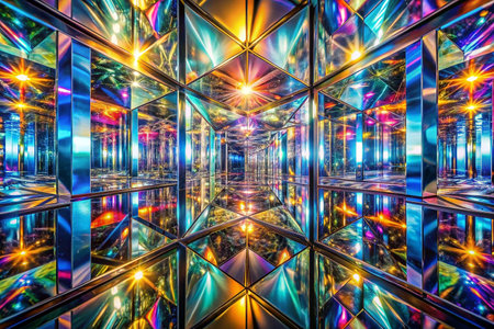 Colorful mirrored room, vibrant reflections, geometric patterns, and light raysの素材