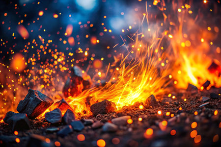 Burning campfire at night with sparks and glowing embersの素材