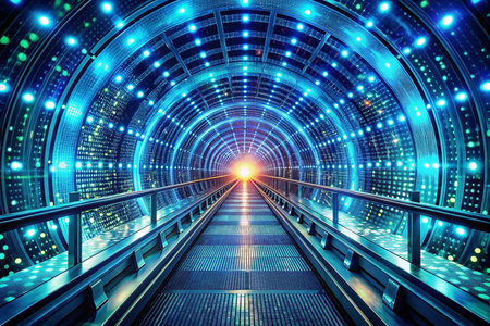 Futuristic tunnel walkway, bright lights, glowing, leading to lightの素材