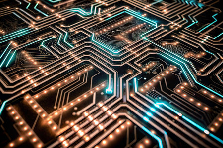 Futuristic circuit board, glowing lines, intricate network, dark backgroundの素材