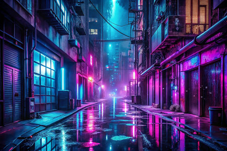 Neon alleyway city at night, rainの素材