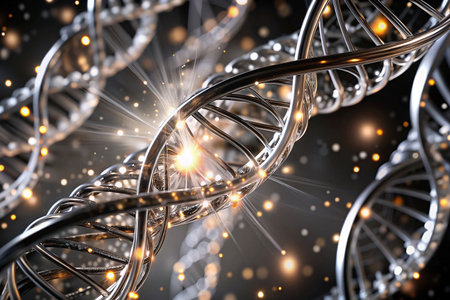 Metallic DNA spirals with glowing energy. Scientific illustrationの素材