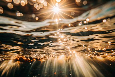 Underwater sunbeams through rippling water, golden sunlightの素材