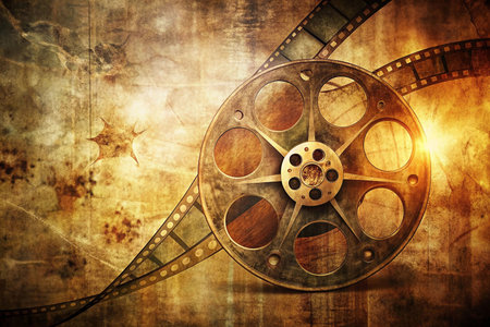 Vintage film reel on aged map backgroundの素材
