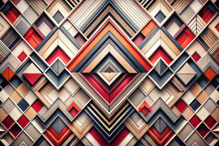 Geometric, abstract, symmetrical pattern, with vibrant colors, in a repeating grid designの素材
