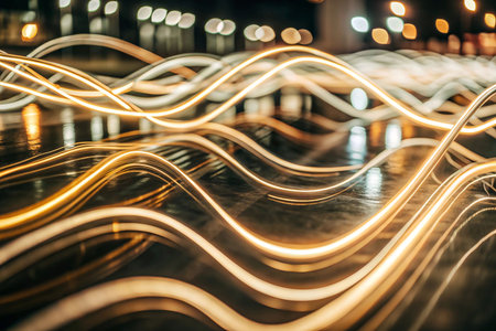 City Night Light Waves on Water Featureの素材