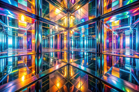 Colorful mirrored cube room with vibrant reflectionsの素材