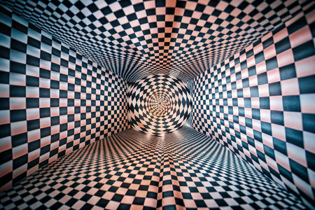 Checkered Illusionary Tunnel, optical illusion, perspective, distorted spaceの素材