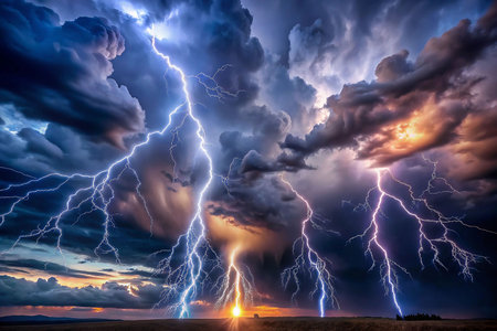 Dramatic lightning storm over open field at sunsetの素材