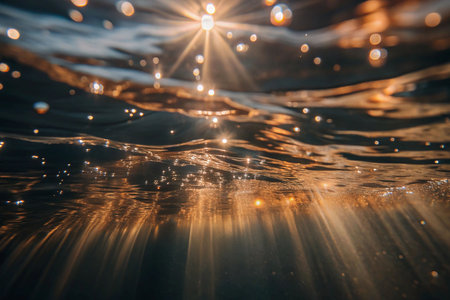 Underwater sunbeams illuminating water surfaceの素材