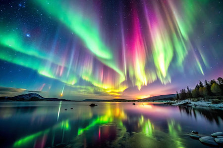 Aurora Borealis over a serene lake at dawnの素材