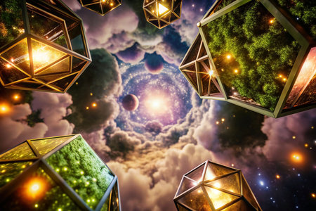 Geometric lanterns framing a cosmic sky portalの素材