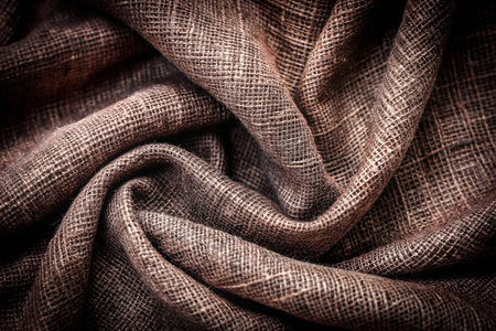 Wrinkled brown burlap fabric texture backgroundの素材