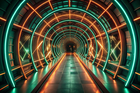 Futuristic neon tunnel walkway with glowing light displayの素材