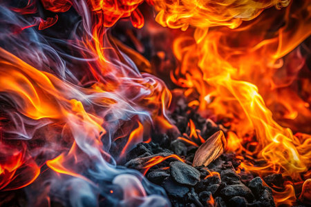 Fiery flames and smoke rising from embers in a fire pitの素材