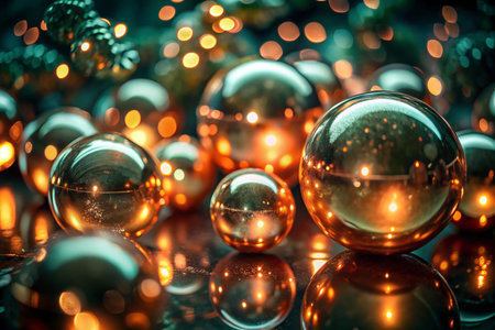 Festive gold orbs on reflective surface, bokeh backgroundの素材
