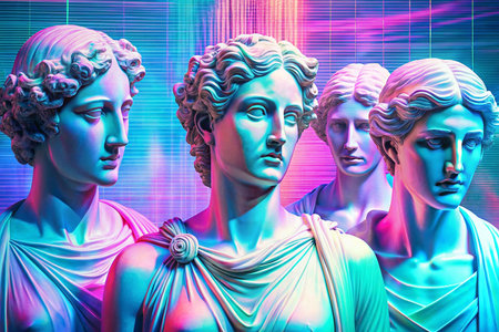 Ancient busts, neon glow,  modern art,  backgroundの素材