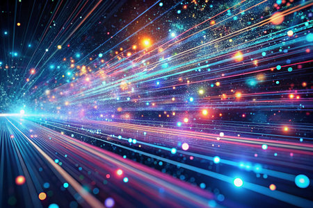 Digital data streams, futuristic highway, vibrant particles, network connectivity, abstract backgroundの素材