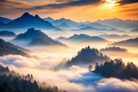 Majestic mountain range sunrise through morning mistの素材