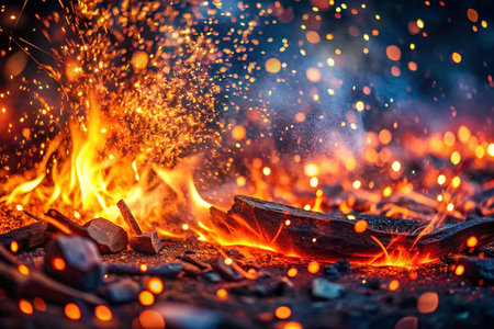 Campfire blaze at night with sparks and glowing embersの素材