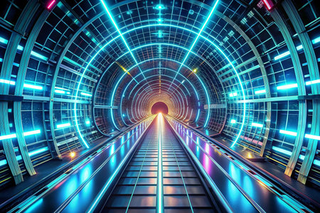 Futuristic neon tunnel walkway, vibrant lights, glowing tunnel,  transportの素材