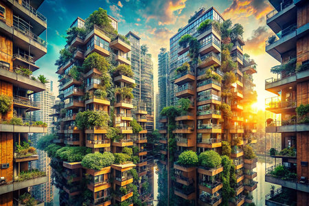Verdant city skyscrapers at sunrise, sustainable livingの素材