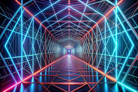 Neon tunnel, geometric, glowing, futuristic, pathway, interior design, 3D renderingの素材