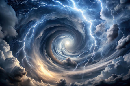 Cosmic vortex of lightning storm, swirling clouds, hopeの素材