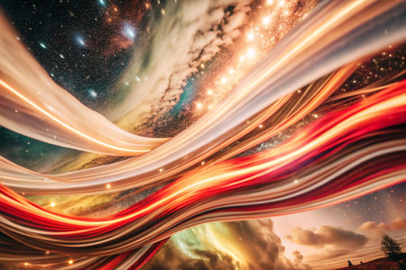 Cosmic light trails swirling above landscapeの素材