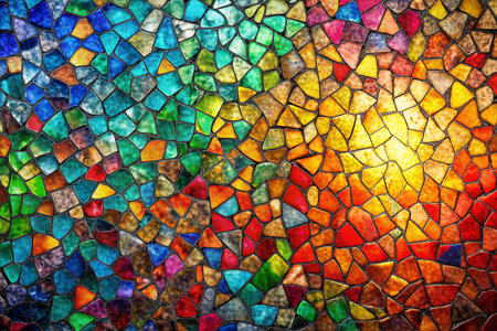 Colorful mosaic wall design, vibrant, abstract pattern, sunlit backgroundの素材