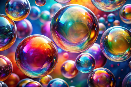 Colorful iridescent bubbles floating in a vibrant abstract spaceの素材