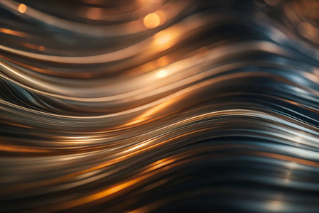 Abstract wavy metallic ribbons, glowing lights in the backgroundの素材