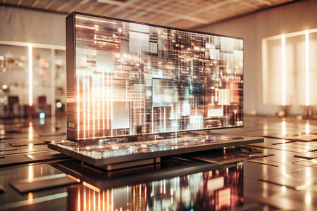 Futuristic display, glowing tech, modern exhibit hall, illuminated circuitsの素材