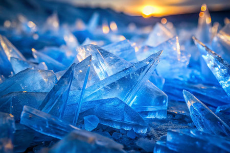 Frozen shards, ice crystals, lake shore, sunsetの素材