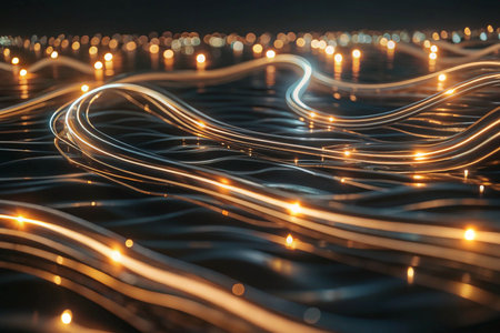 Abstract glowing lines ripple on dark surface with lightsの素材