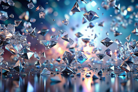Abstract crystalline fragments, dynamic motion, dark reflective surface, vibrant lightsの素材