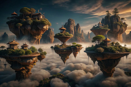Floating islands, fantasy landscape, sunrise, majesticの素材