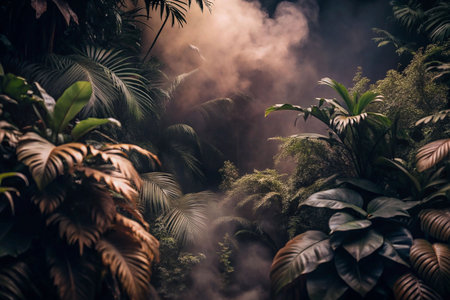 Lush jungle fog, misty greenhouse, dense foliageの素材