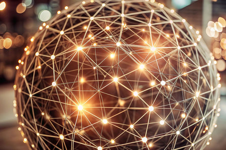 Illuminated network sphere in cityの素材