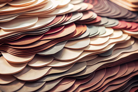 Leather samples, stacked, various colors, sunlight on displayの素材