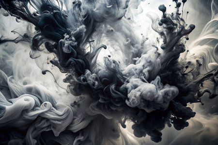 Abstract ink mixing in water, monochrome gray and black swirling, bright backgroundの素材