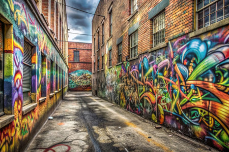 Colorful graffiti alleyway between urban buildingsの素材
