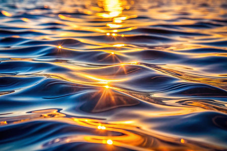 Golden sunset reflecting on rippling waterの素材