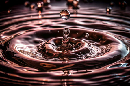 Water droplet impacting dark liquid, creating concentric ripples.の素材